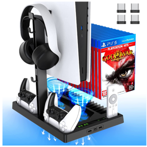 Vertical stand with fan, BSOON PS5 accessories for PS5 games and Playstation 5 console, built-in headset holder, dual controller chargers, 15 slots for game discs and 1 multimedia controller organizer